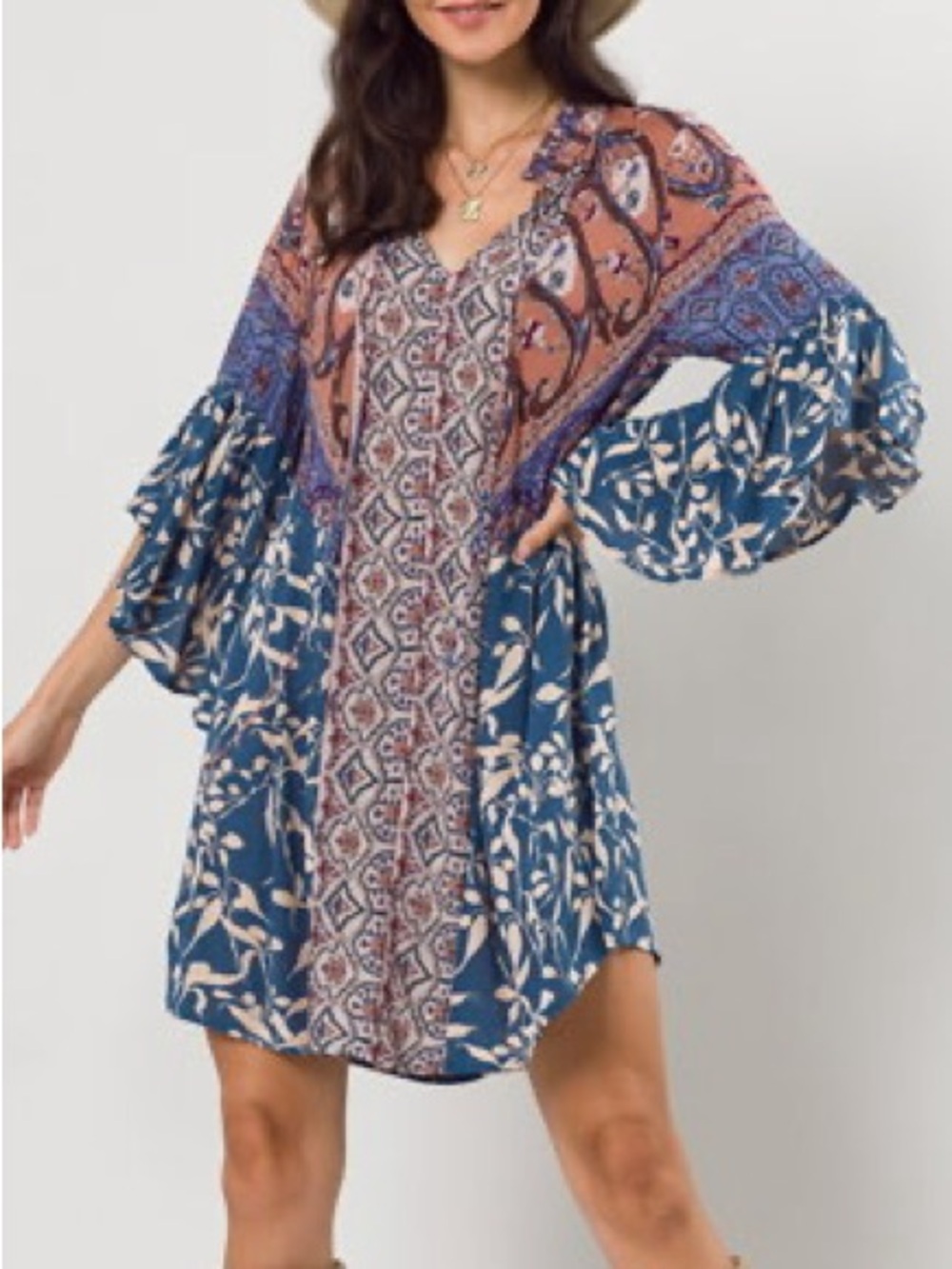UMGEE flowy boho peasant tunic dress • paisley floral patchwork•balloon sleeves